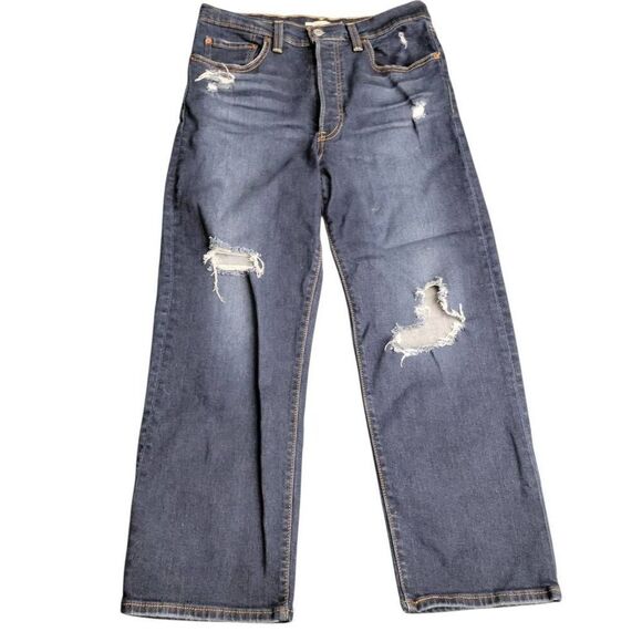 Levi's Ribcage Straight Ankle Buttonfly Ripped Torn Distressed Denim Blue Jeans - Picture 2 of 12